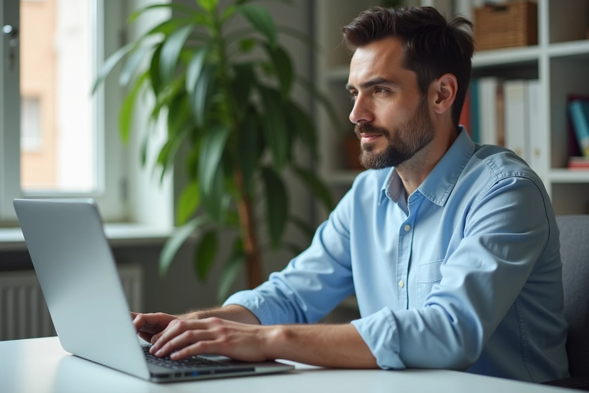 Utilisateur RH en télétravail consultant les nouvelles fonctionnalités et évolutions d'une plateforme RH sur son ordinateur portable depuis son bureau à domicile
