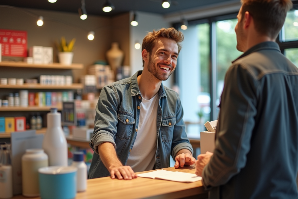 Vendeur souriant aidant un client dans un magasin lumineux