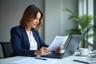Femme professionnelle vérifiant un document d'immatriculation d'entreprise avec numéro SIRET sur un ordinateur portable dans un bureau moderne