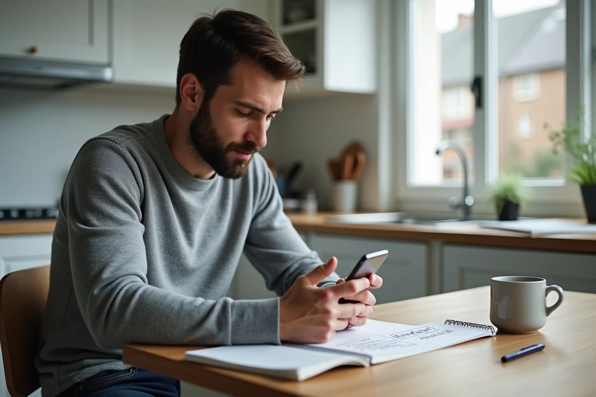 Homme consultant un site officiel sur smartphone pour vérifier un numéro SIRET dans un environnement de télétravail à domicile
