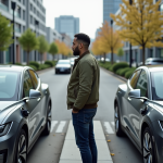Homme devant station de recharge électrique urbaine
