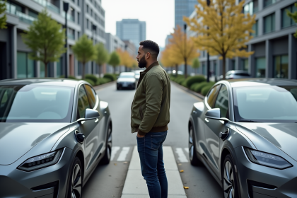 Homme devant station de recharge électrique urbaine